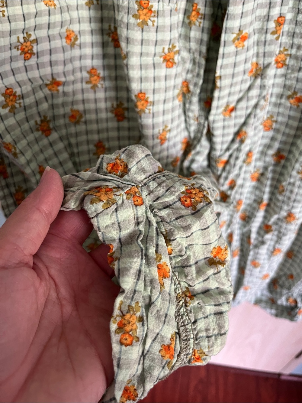 Free People On Repeat Pyjama Trousers Plaid Floral - Lime Cream Sz L - Picture 14 of 16